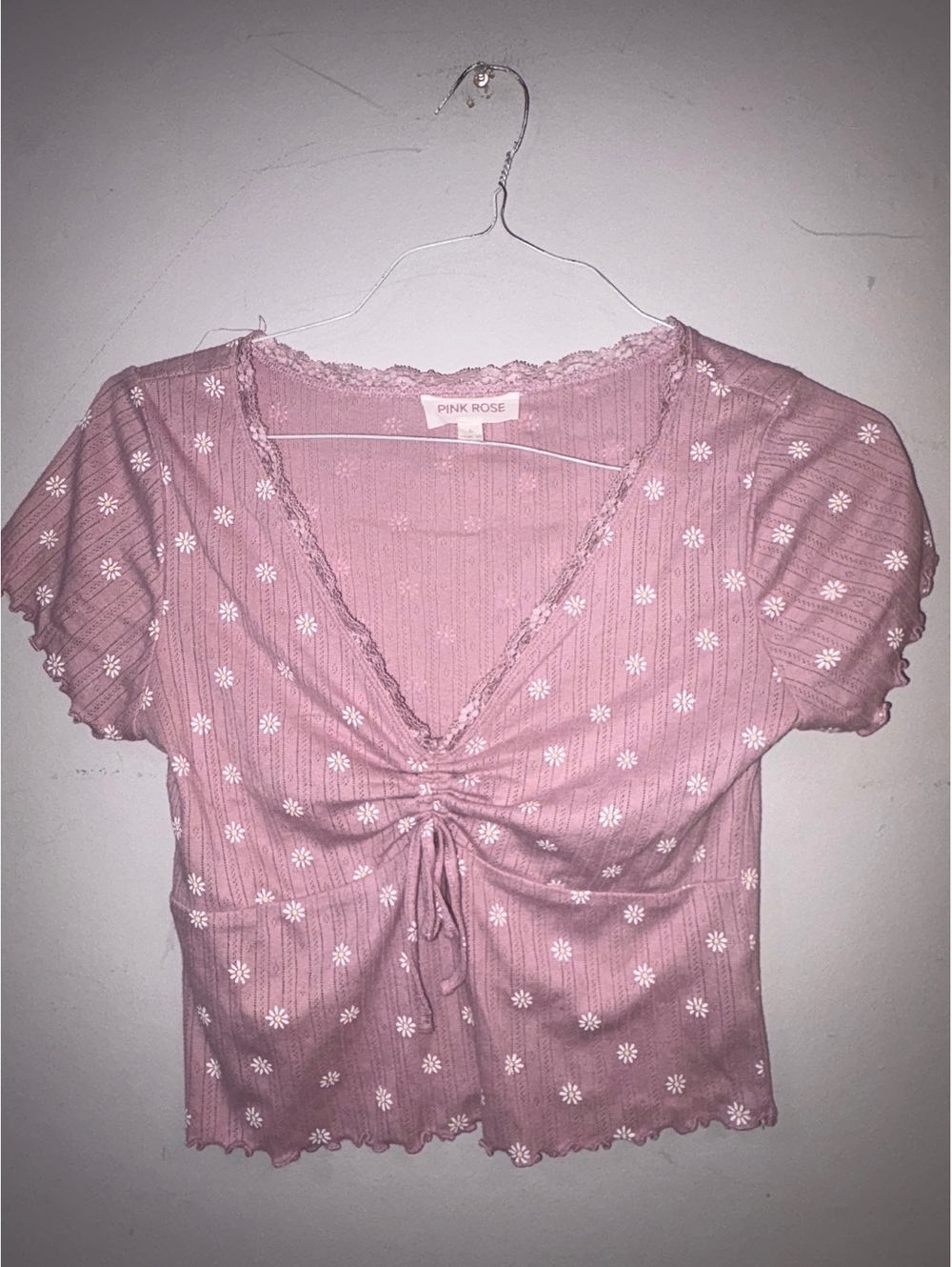 Pink Rose Pink Floral Ribbed Short Sleeve Top Large